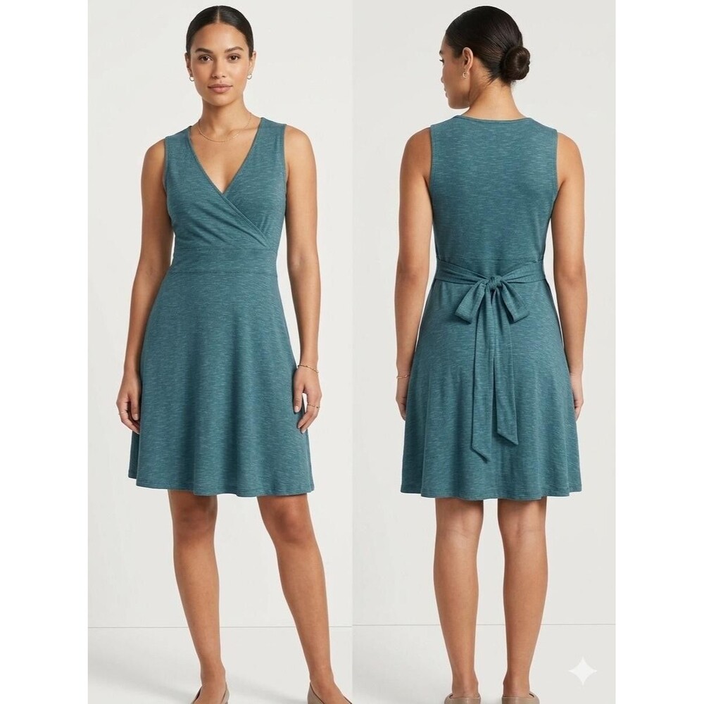 Toad&Co Dress Womens XS Blue Sleeveless Faux Wrap Fit Flare Tie Back Knee Length